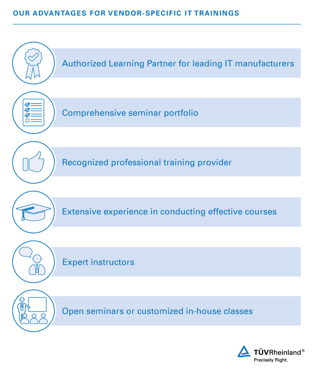 Benefit from the advantages of our IT certification programs Advantages for vendor-specific IT certification trainings (e.g. AWS, Microsoft, Oracle, Cisco, VMware) | TÜV Rheinland