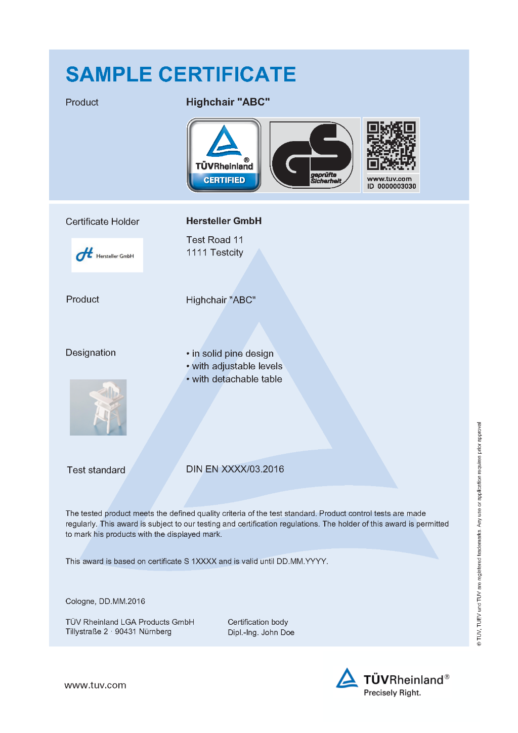 Example of a GS certificate Exemplary GS certificate