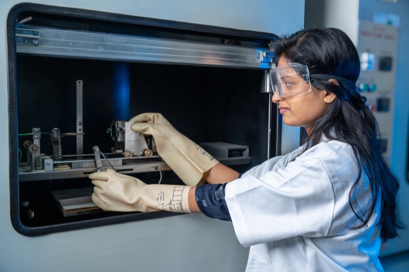 Female scientist in a lab coat and safety goggles operating equipment in a laboratory