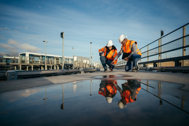 Two engineers in safety vests and hard hats inspecting a surface